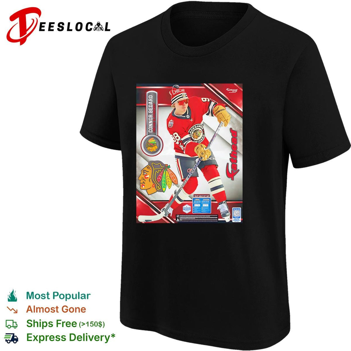 Connor Bedard Chicago Blackhawks hockey goalie action team photo poster shirt