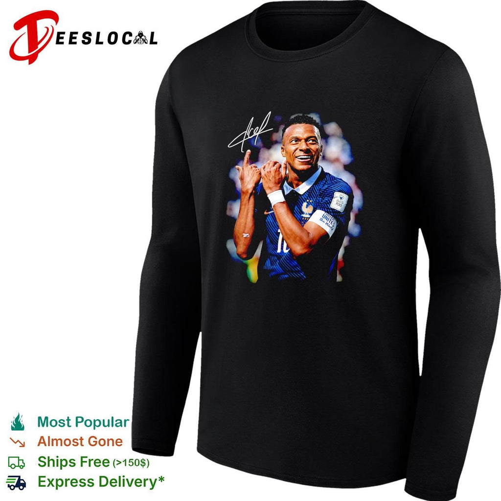 Kylian Mbappe France number 10 hand gesture celebration signature poster shirt