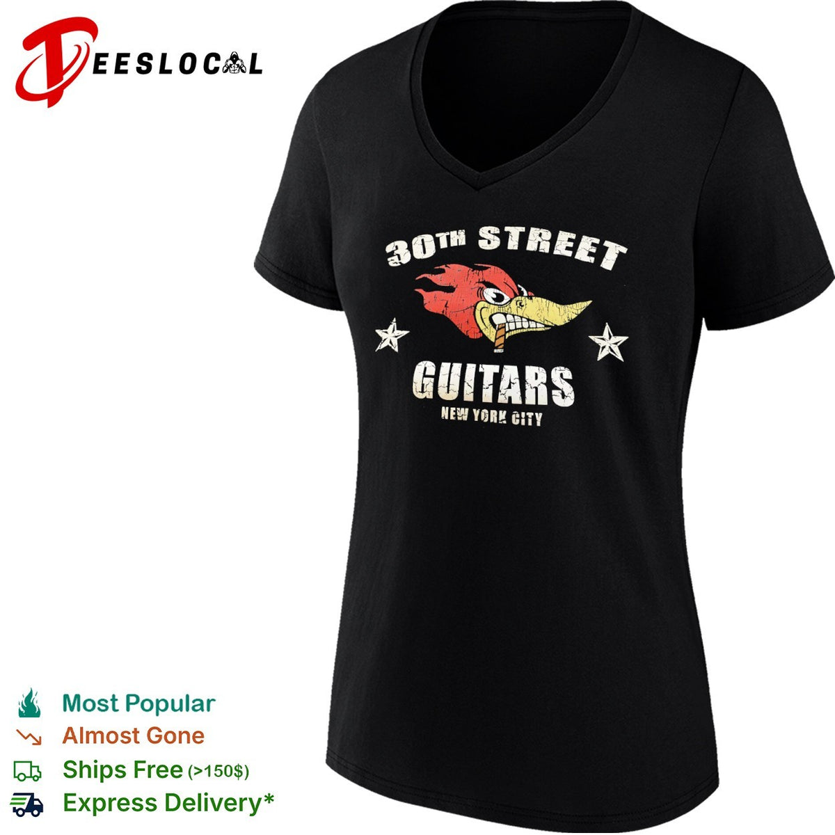 30th Street Guitars New York City Woody Woodpecker smoking cigar logo shirt