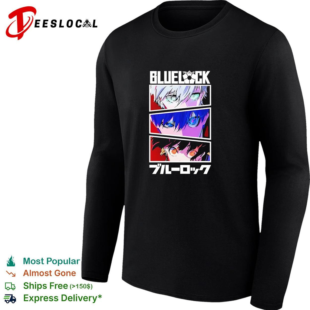Blue Lock anime character eyes collage bold blue lettering manga graphic shirt