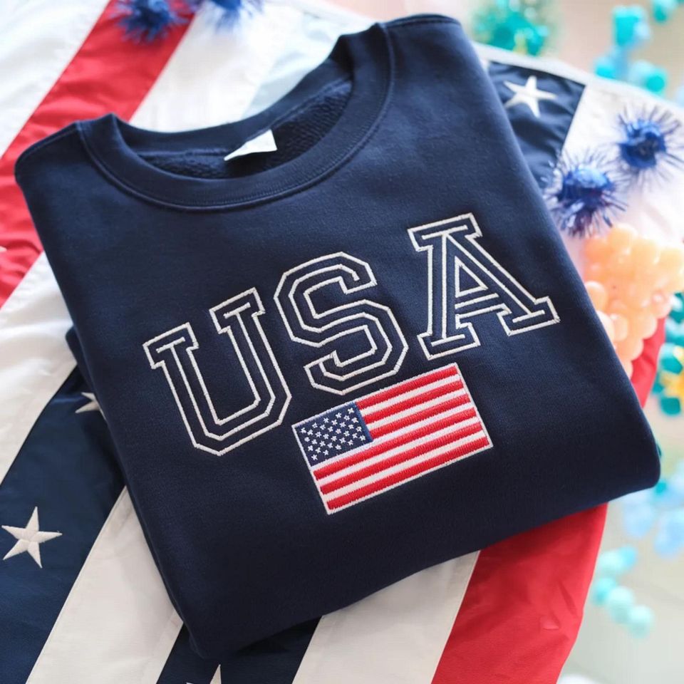 Embroidered USA Flag Sweatshirt, 250th Anniversary Patriotic Tee