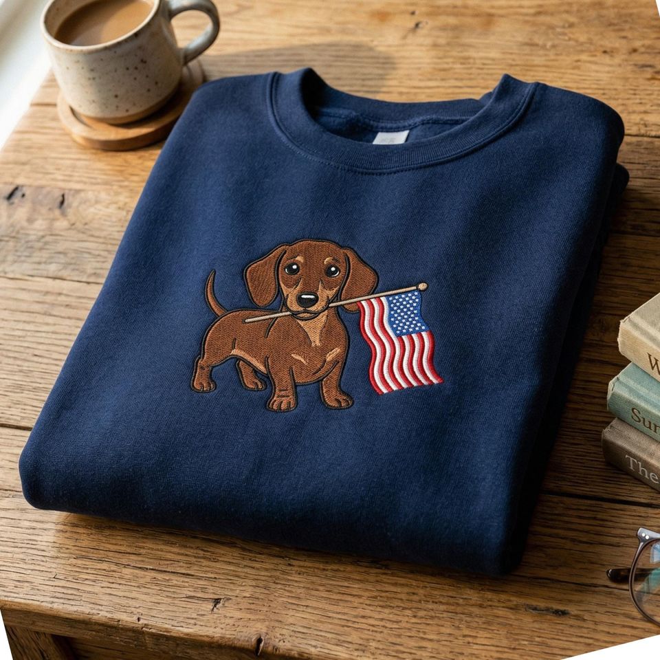 Embroidered Dachshund 4th of July Sweatshirt, Patriotic Dog Lover Gift