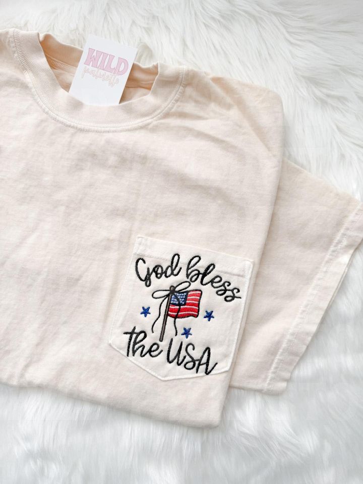 God Bless the USA Embroidered Pocket T-Shirt American Flag