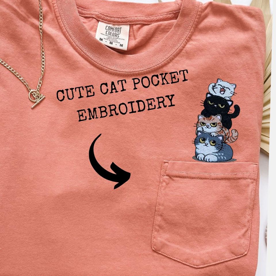 Embroidered Cat Pocket T Shirt Cats Stacked Pocket Tee Funny Cat Lover Gift