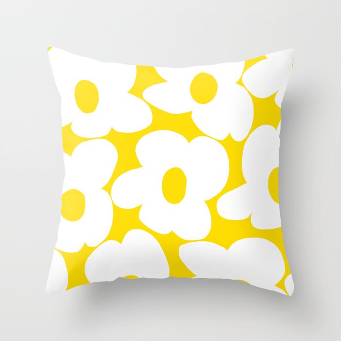 Large White Retro Flowers Sunny Yellow Background #decor #society6 #buyart Throw Pillow Gallery Image 6