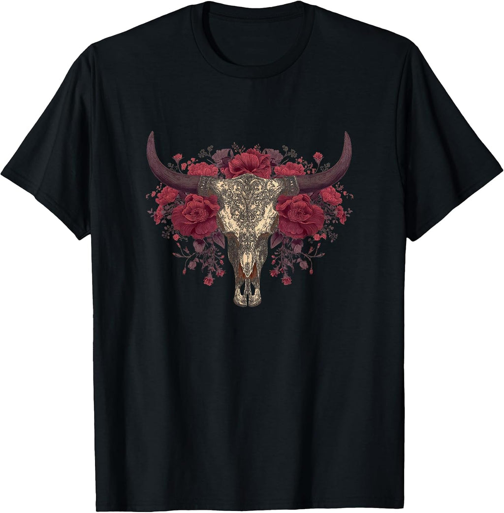Floral Western Skull Art Cow Roses Boho Style