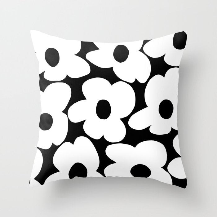 White Retro Flowers Black Background #decor #society6 #buyart Throw Pillow Gallery Image 6