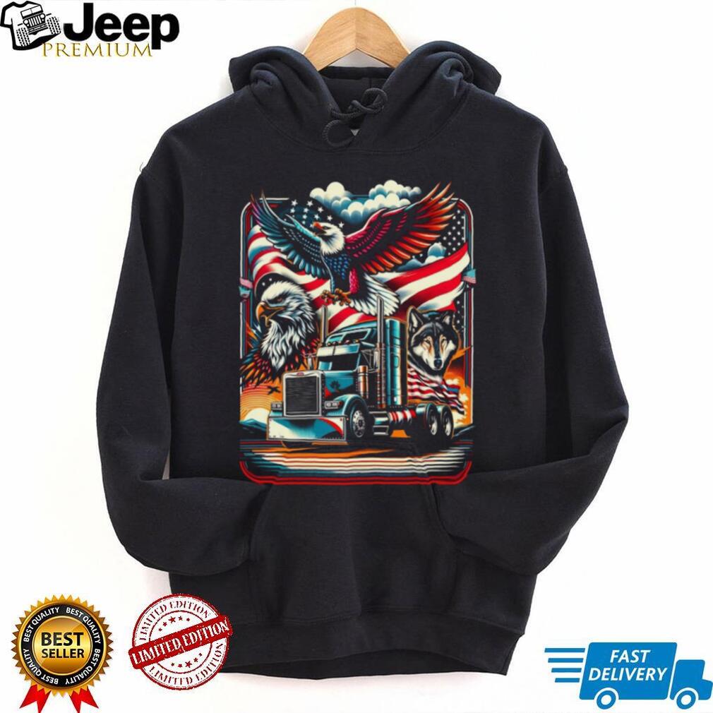 American Trucker Pride Eagle Wolf and Semi Truck US Flag Graphic Tee