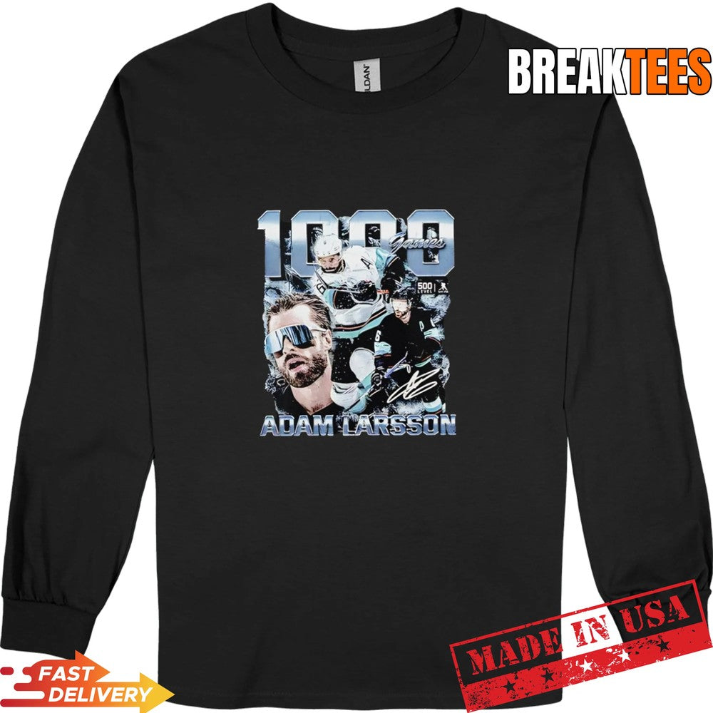 Adam Larsson Seattle 1000 Games Signature Portrait Hockey T-Shirt
