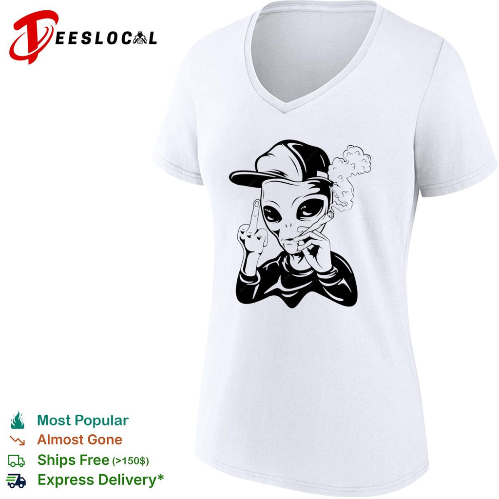 Alien smoking weed flipping off middle finger rap shirt