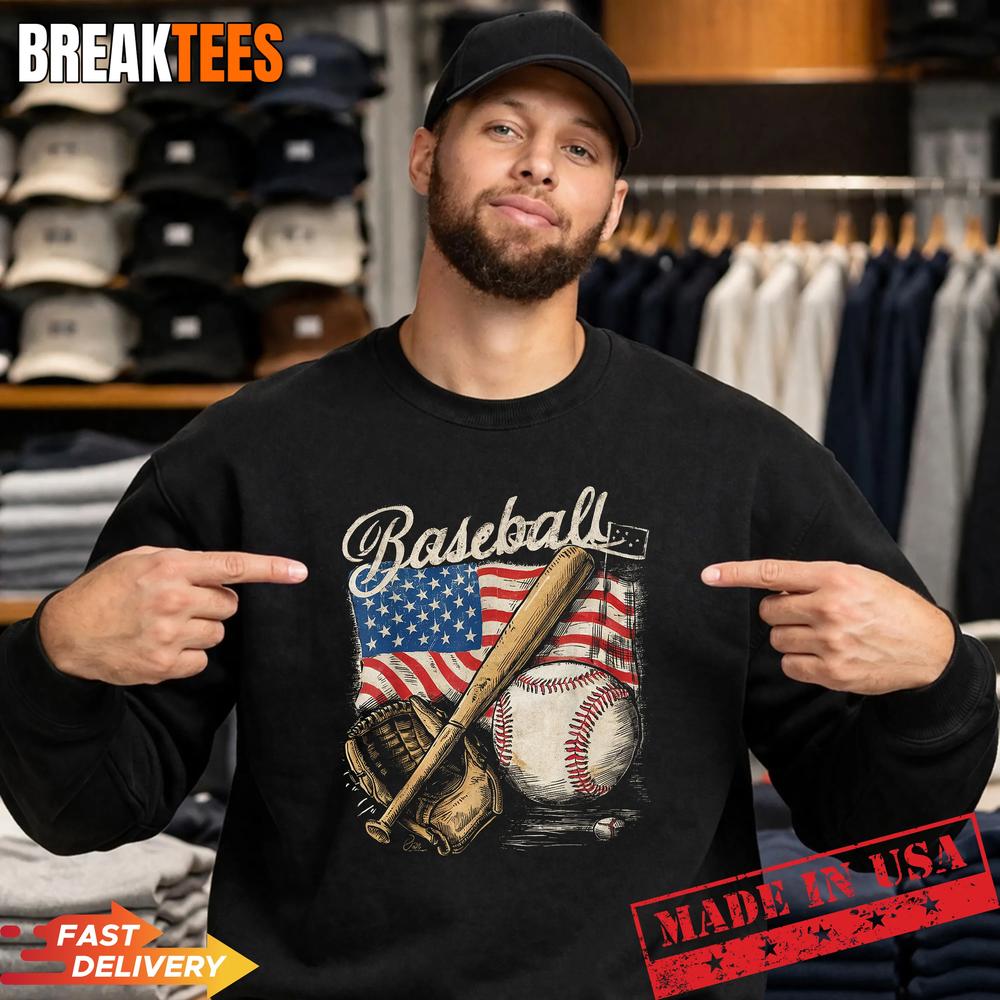 American Flag Baseball Player Bat Fan Catcher Pitcher USA Shirt