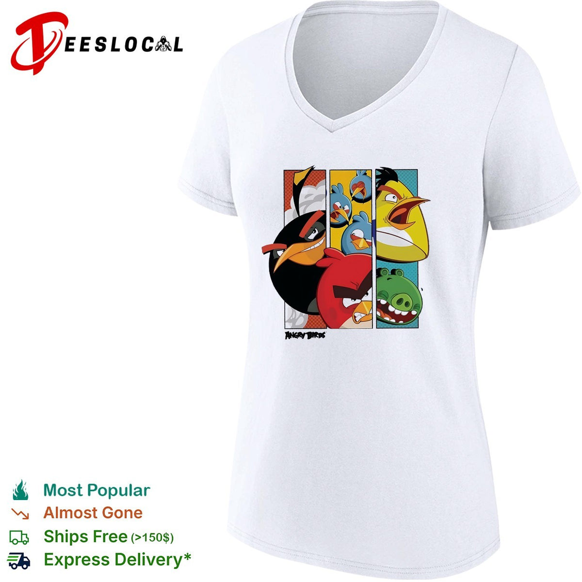 Angry Birds comic panel collage multiple birds and pig illustration graphic shirt