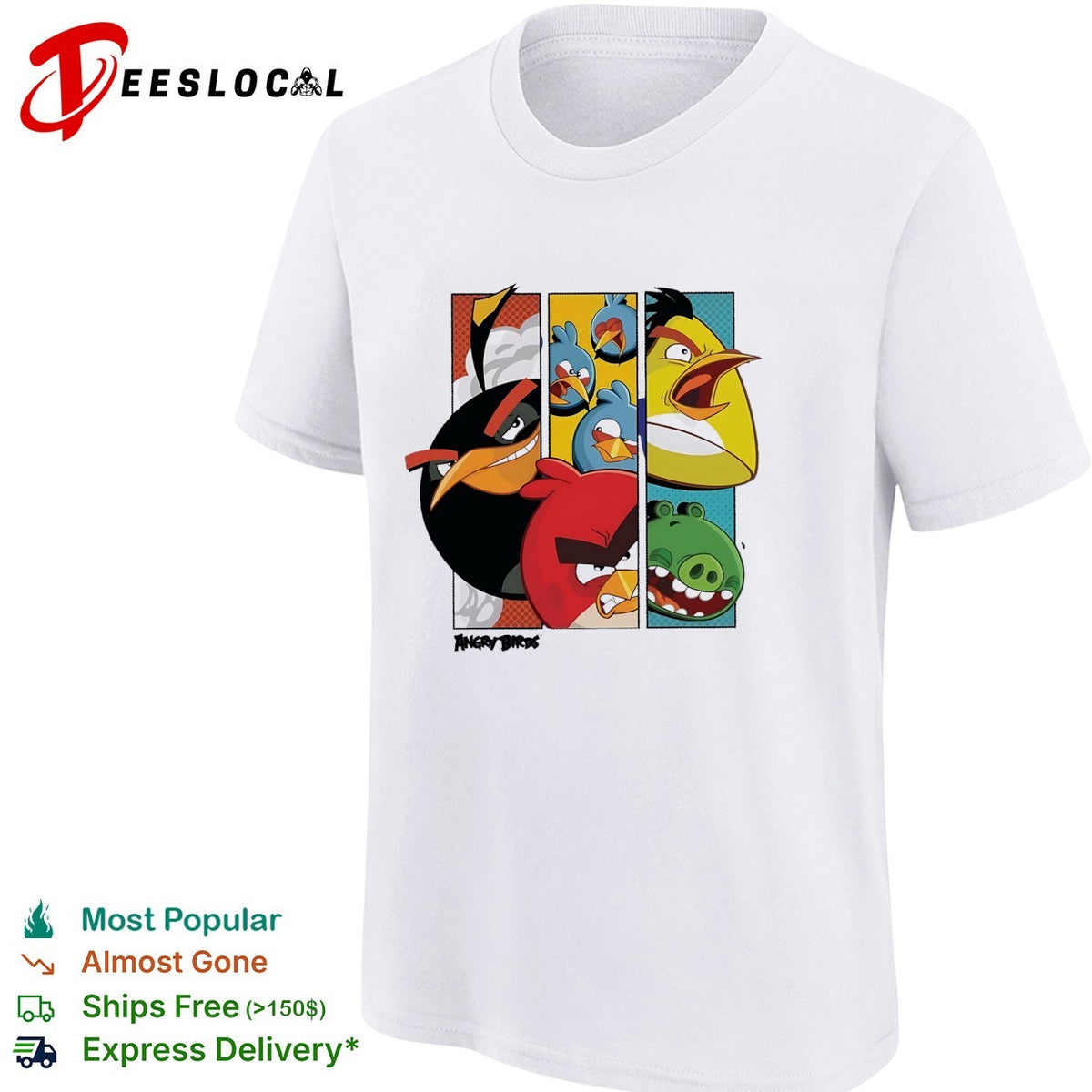 Angry Birds comic panel collage multiple birds and pig illustration graphic shirt