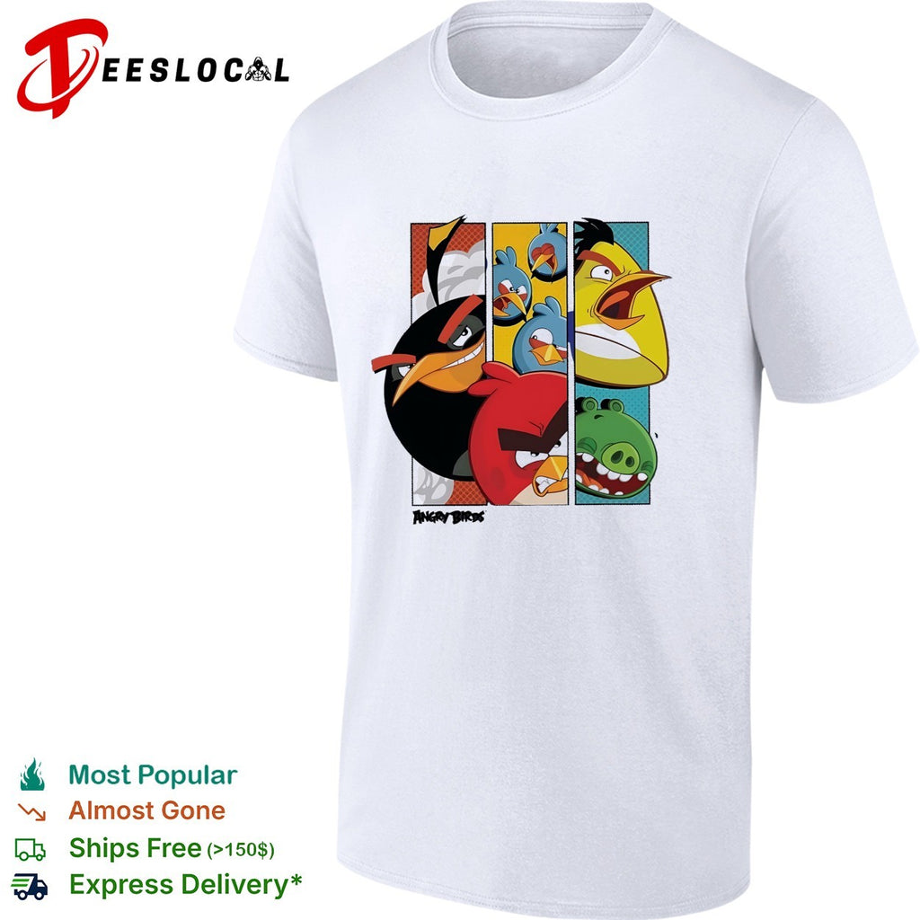 Angry Birds comic panel collage multiple birds and pig illustration graphic shirt