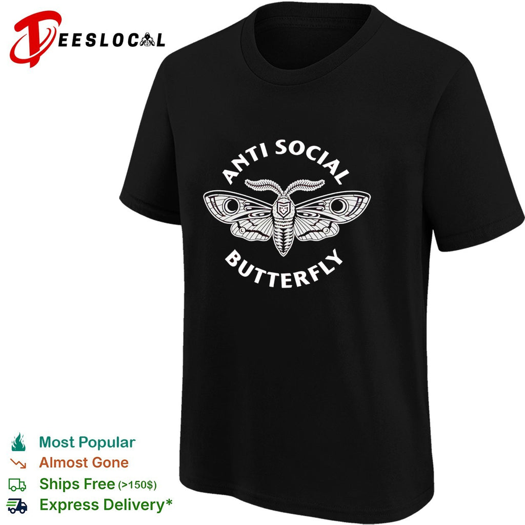 Anti social butterfly moth illustration badge shirt