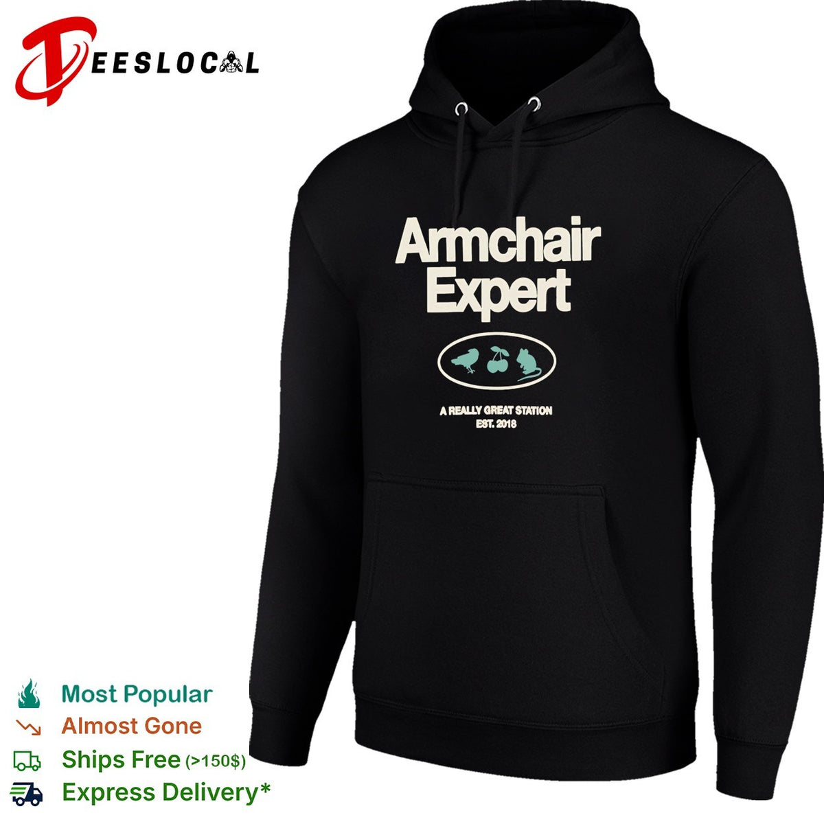 Armchair Expert podcast logo with bird cherry and mouse a really great station shirt