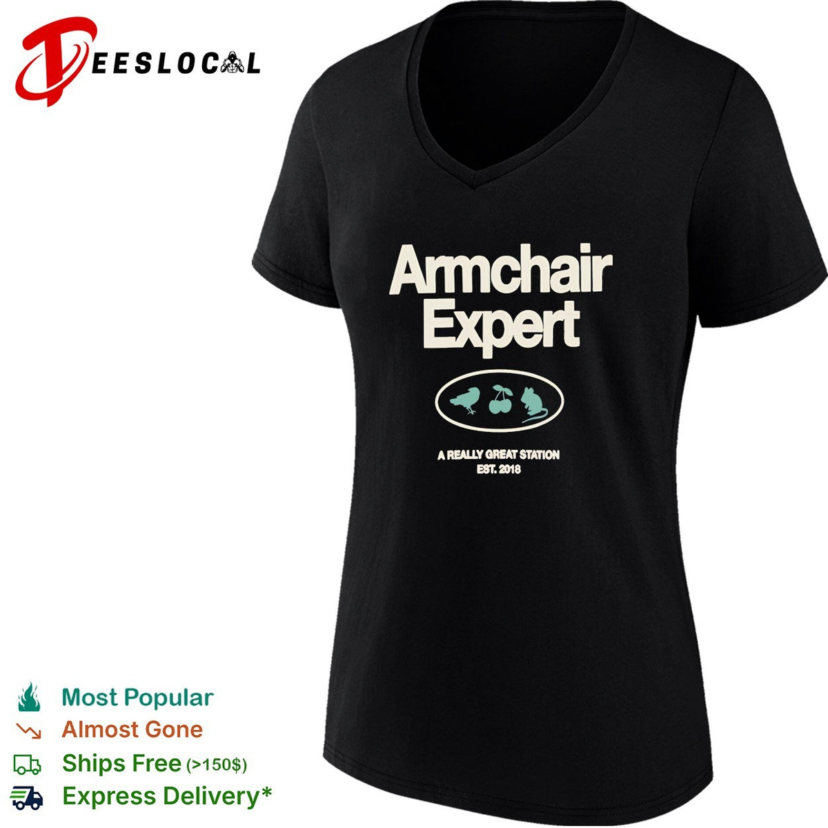 Armchair Expert podcast logo with bird cherry and mouse a really great station shirt
