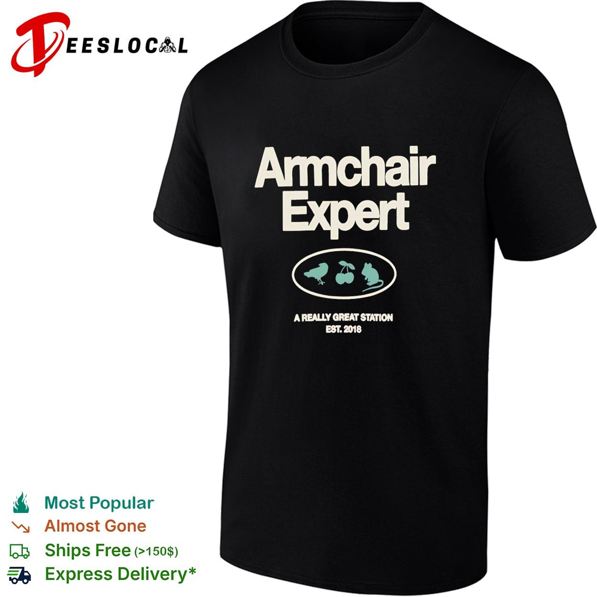 Armchair Expert podcast logo with bird cherry and mouse a really great station shirt