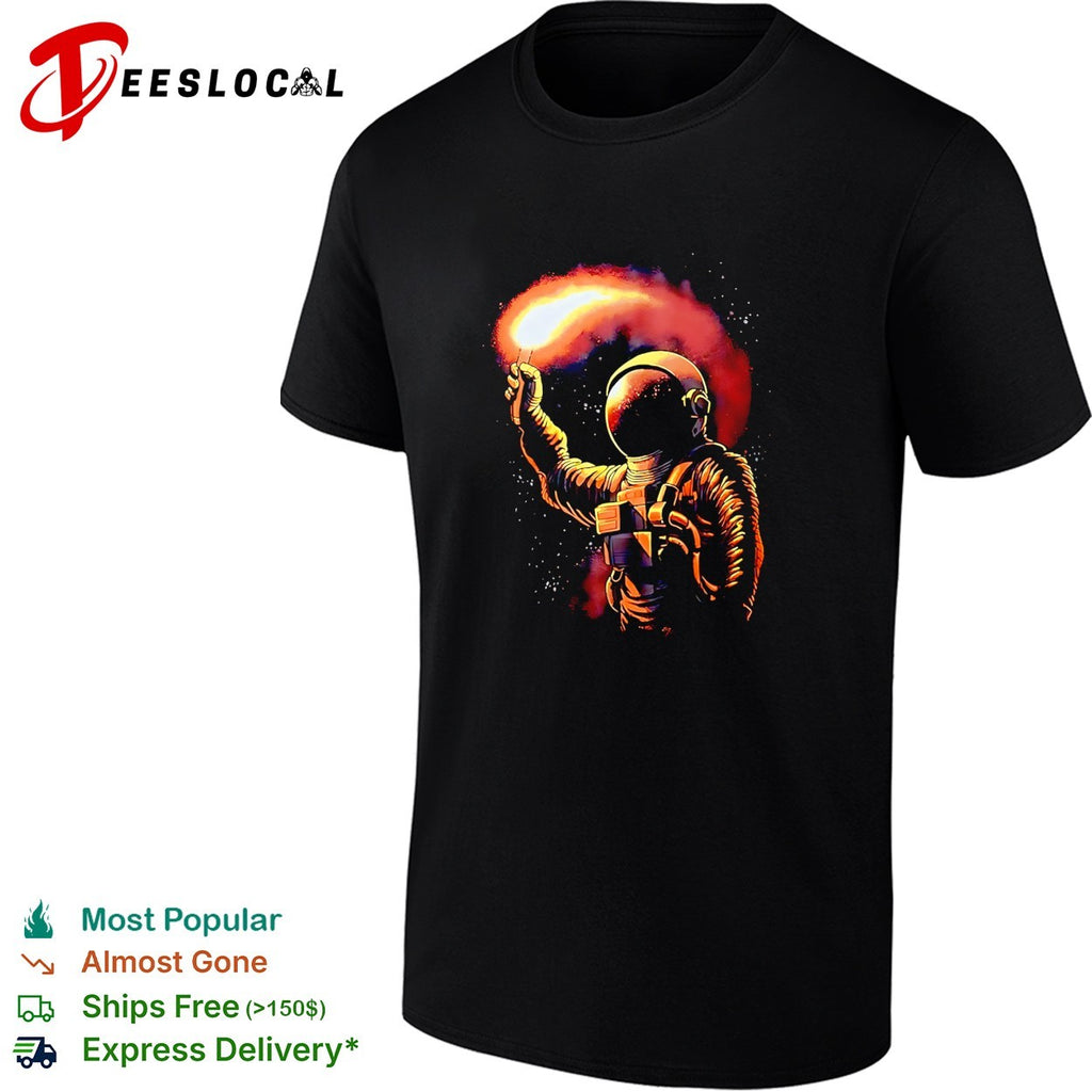 Astronaut reaching for fiery comet space shirt