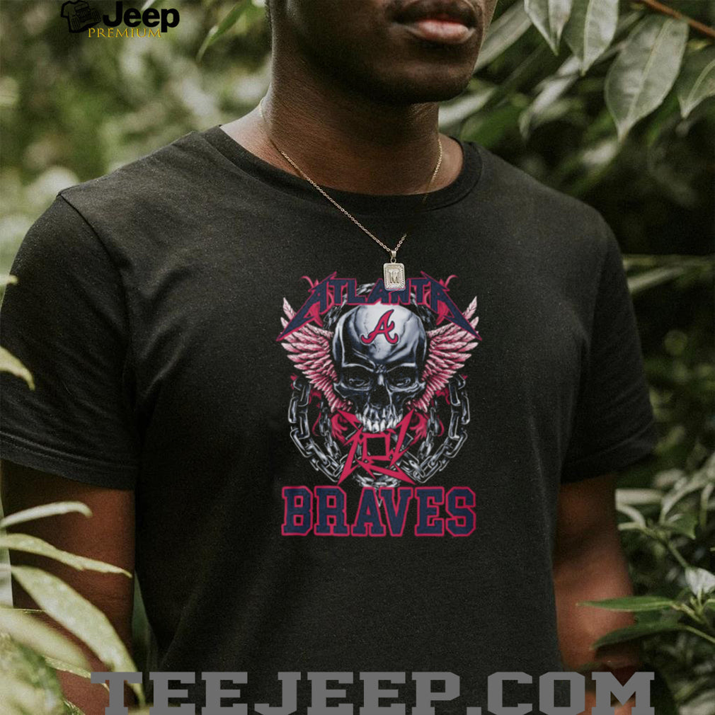 Atlanta Braves Red Letter Logo Skull Pink Wings And Heavy Metal Chains T Shirt