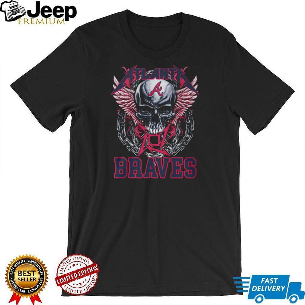 Atlanta Braves Red Letter Logo Skull Pink Wings And Heavy Metal Chains T Shirt
