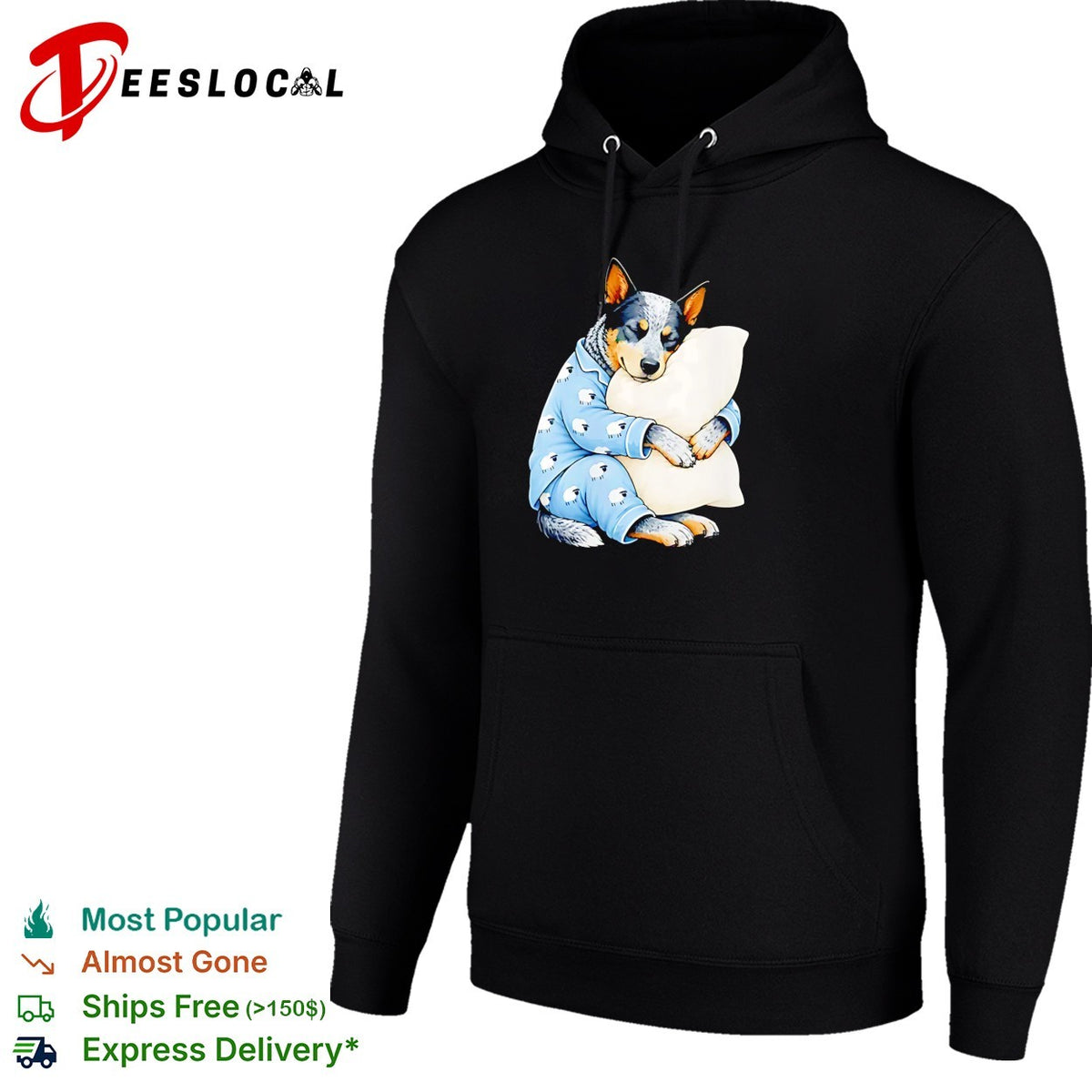 Australian Cattle Dog Sleeping in Sheep Pajamas Hugging a White Pillow shirt