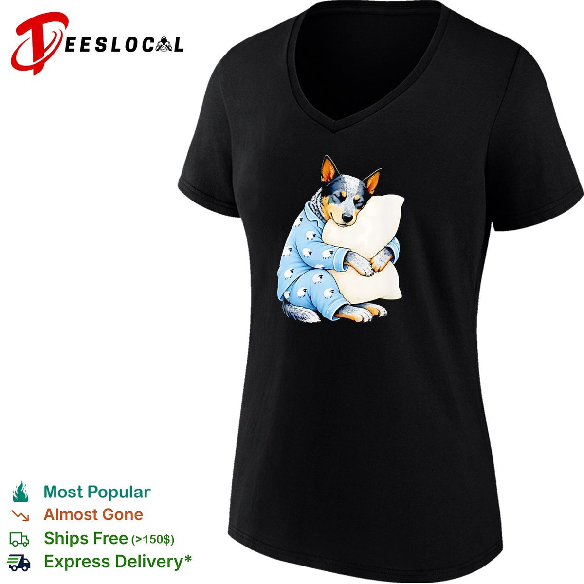 Australian Cattle Dog Sleeping in Sheep Pajamas Hugging a White Pillow shirt