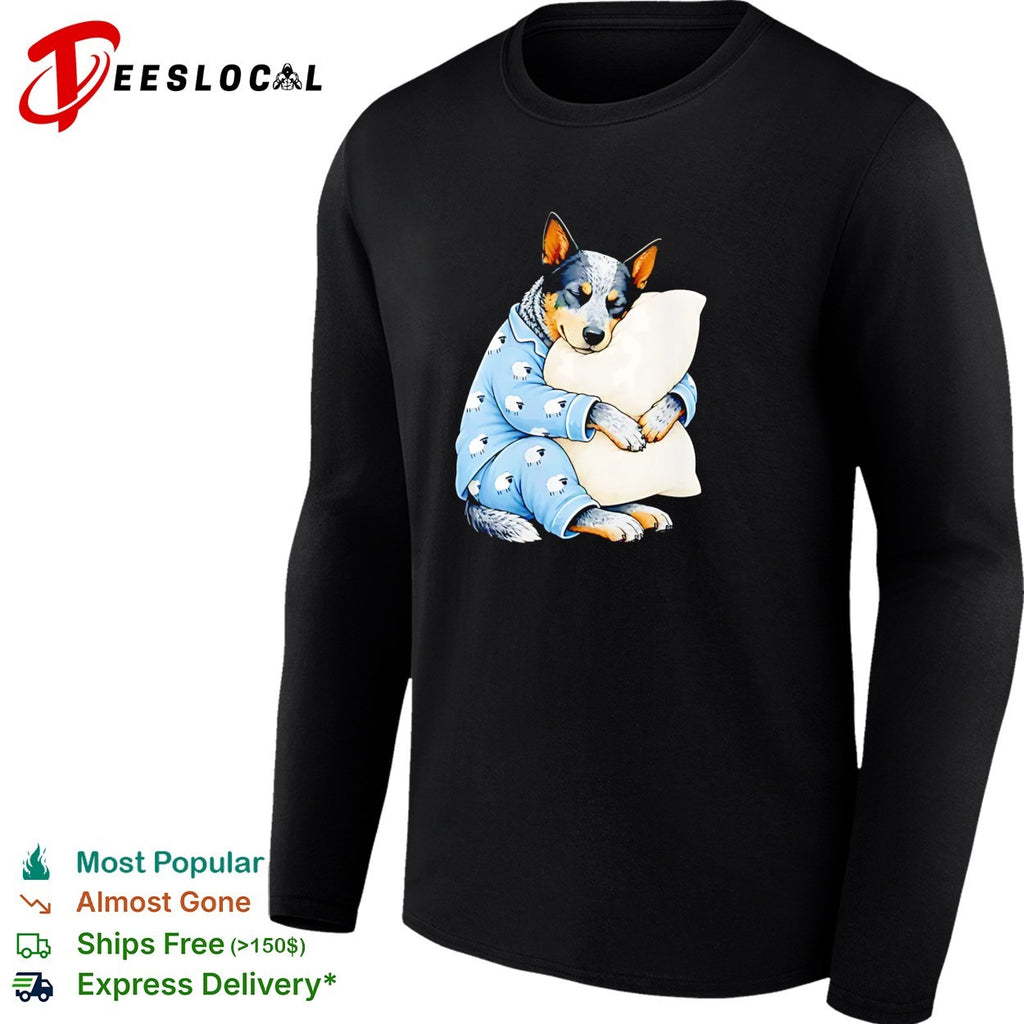 Australian Cattle Dog Sleeping in Sheep Pajamas Hugging a White Pillow shirt