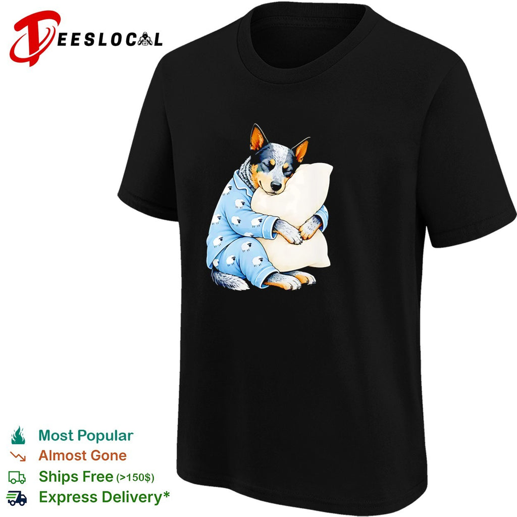 Australian Cattle Dog Sleeping in Sheep Pajamas Hugging a White Pillow shirt