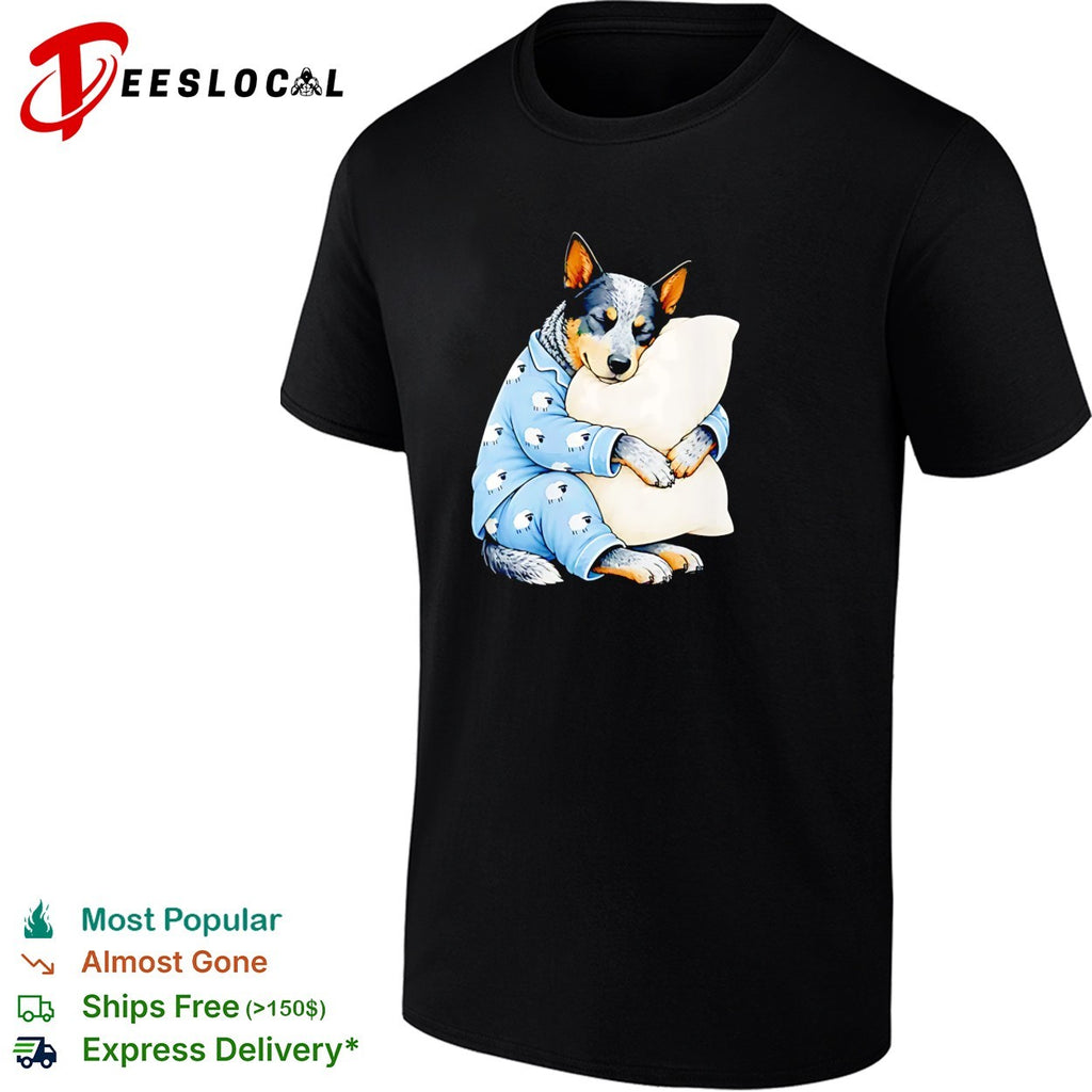Australian Cattle Dog Sleeping in Sheep Pajamas Hugging a White Pillow shirt