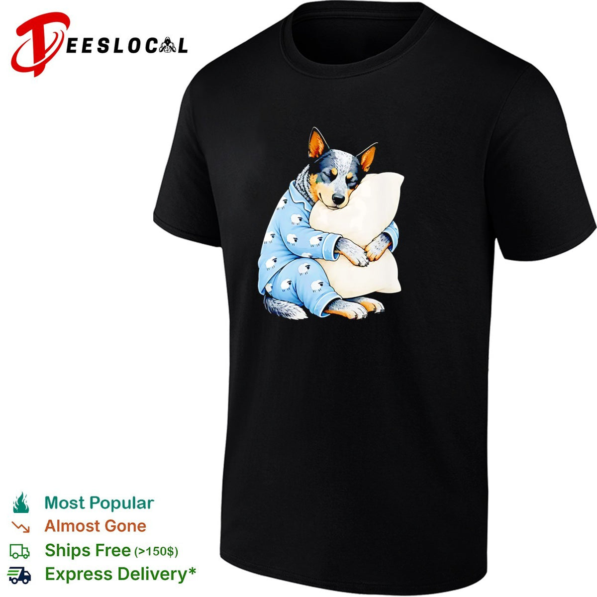 Australian Cattle Dog Sleeping in Sheep Pajamas Hugging a White Pillow shirt