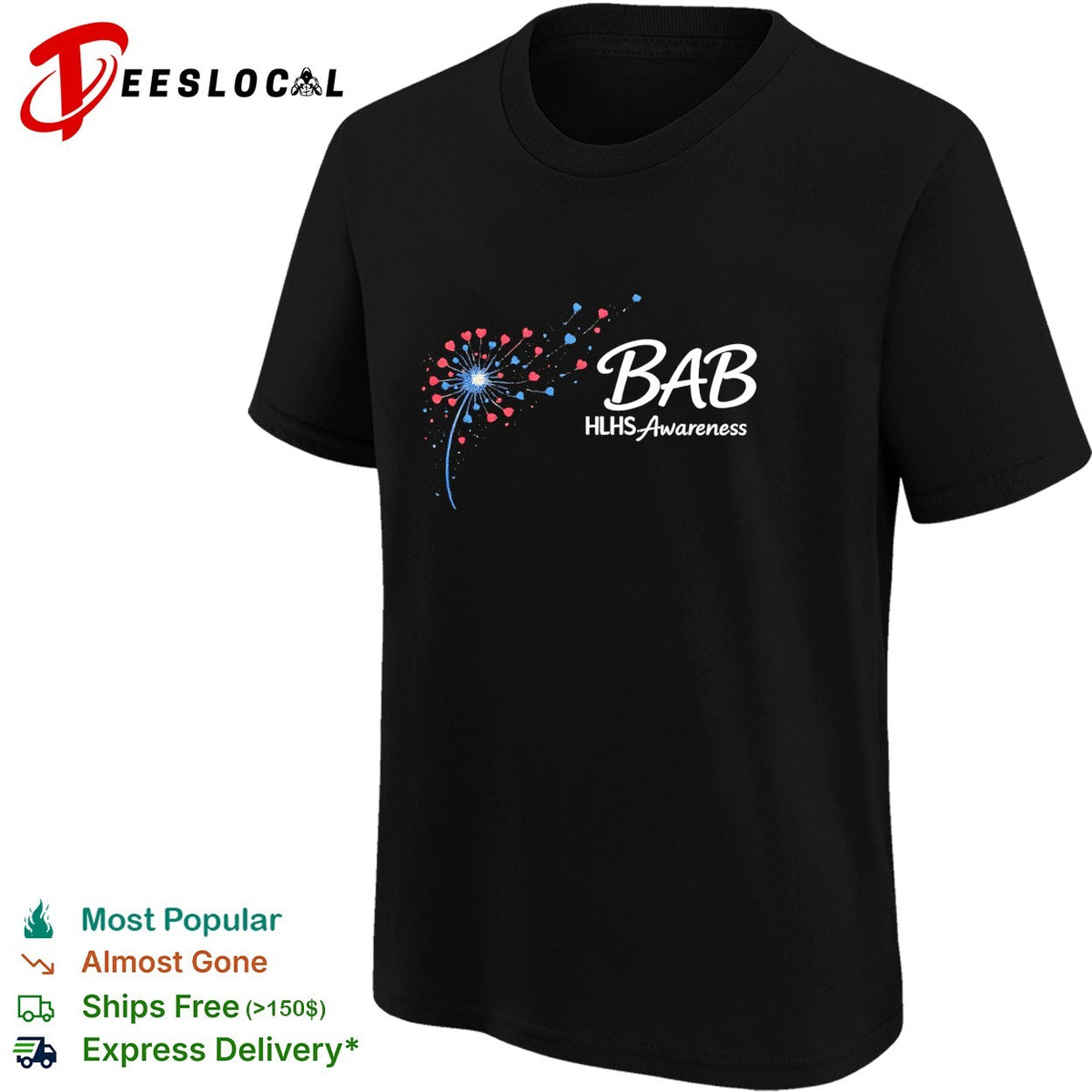 Bab HLHS Awareness dandelion heart illustration custom design on a black shirt