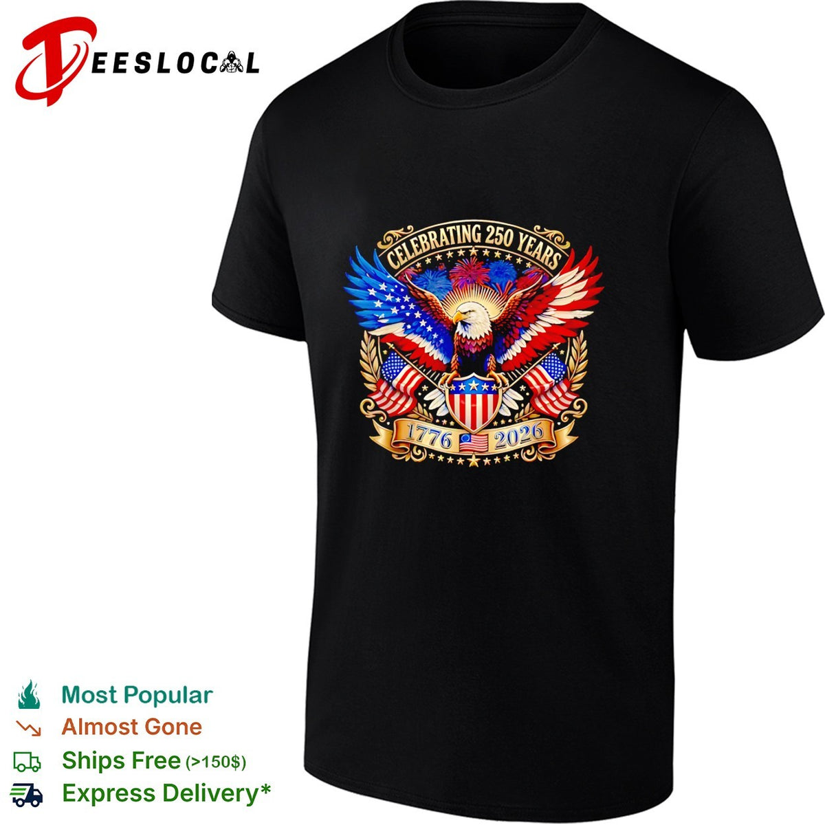 Bald eagle celebrating 250 years 1776 2026 gold patriotic USA shirt