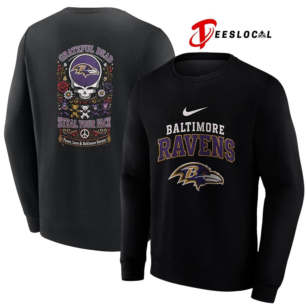 Baltimore Ravens x Grateful Dead steal your face peace love logo shirt