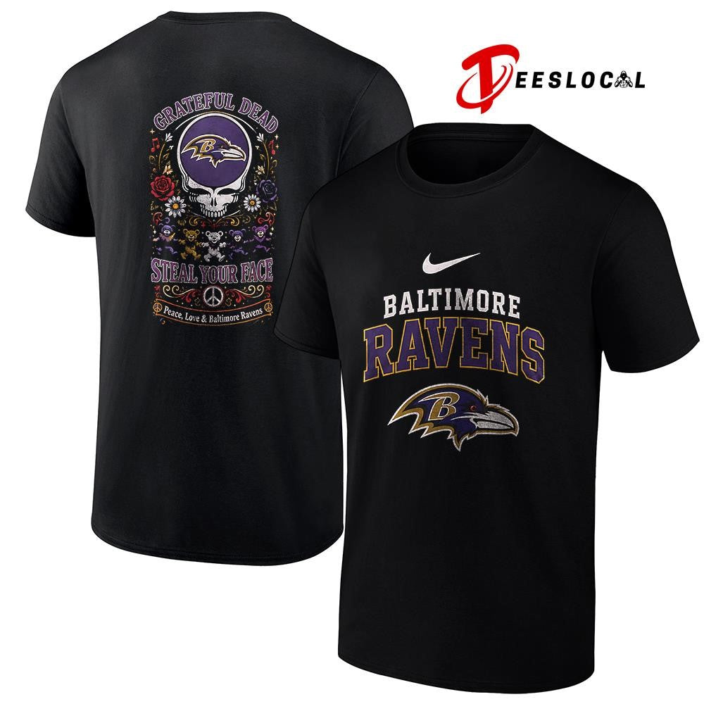 Baltimore Ravens x Grateful Dead steal your face peace love logo shirt