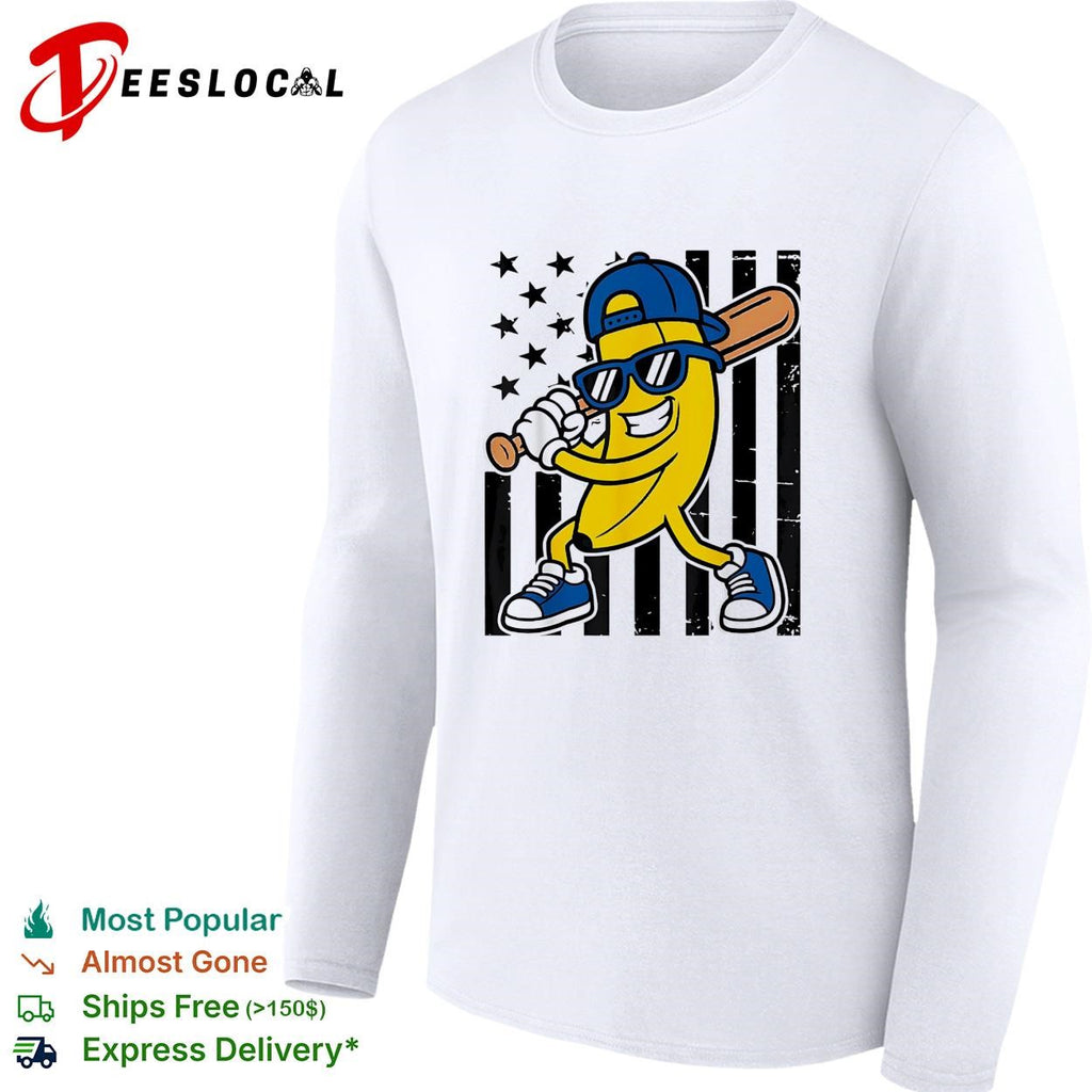 Banana baseball player sunglasses cartoon graphic shirt