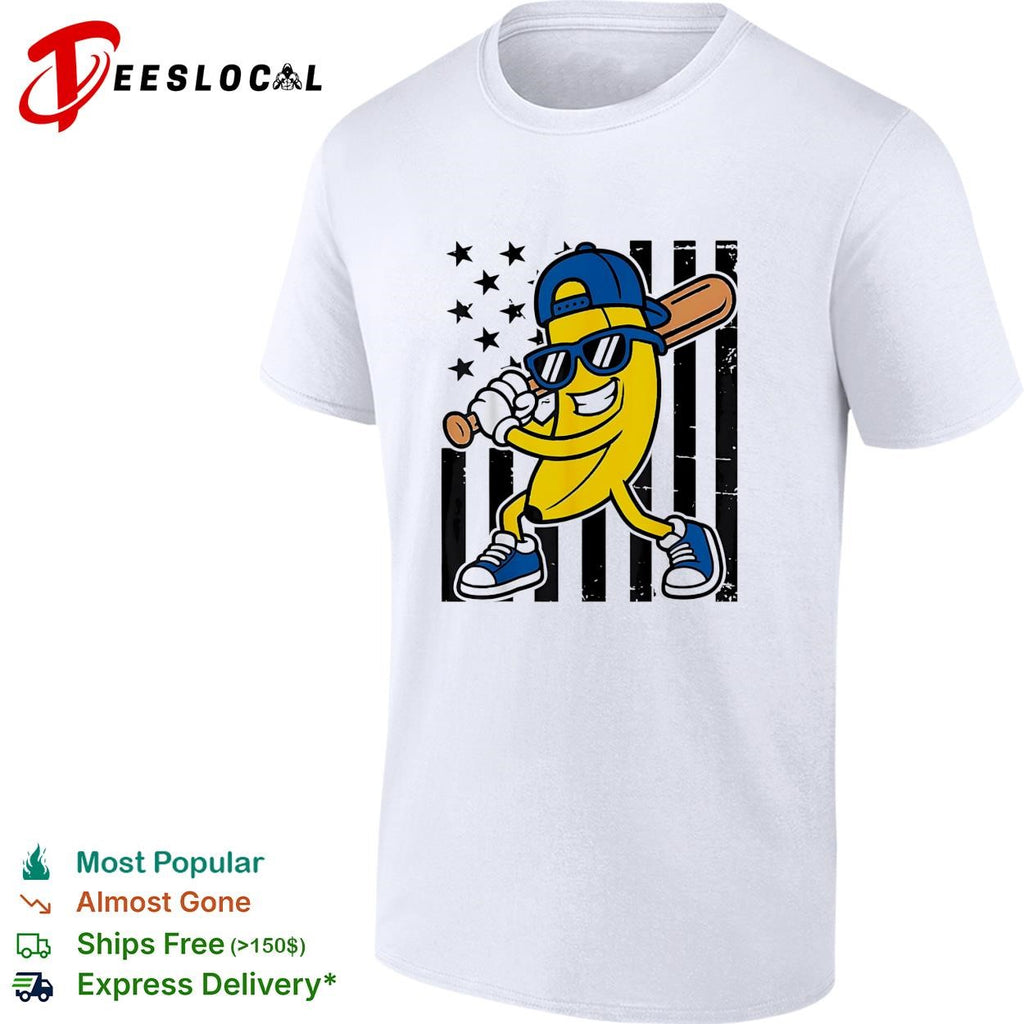 Banana baseball player sunglasses cartoon graphic shirt