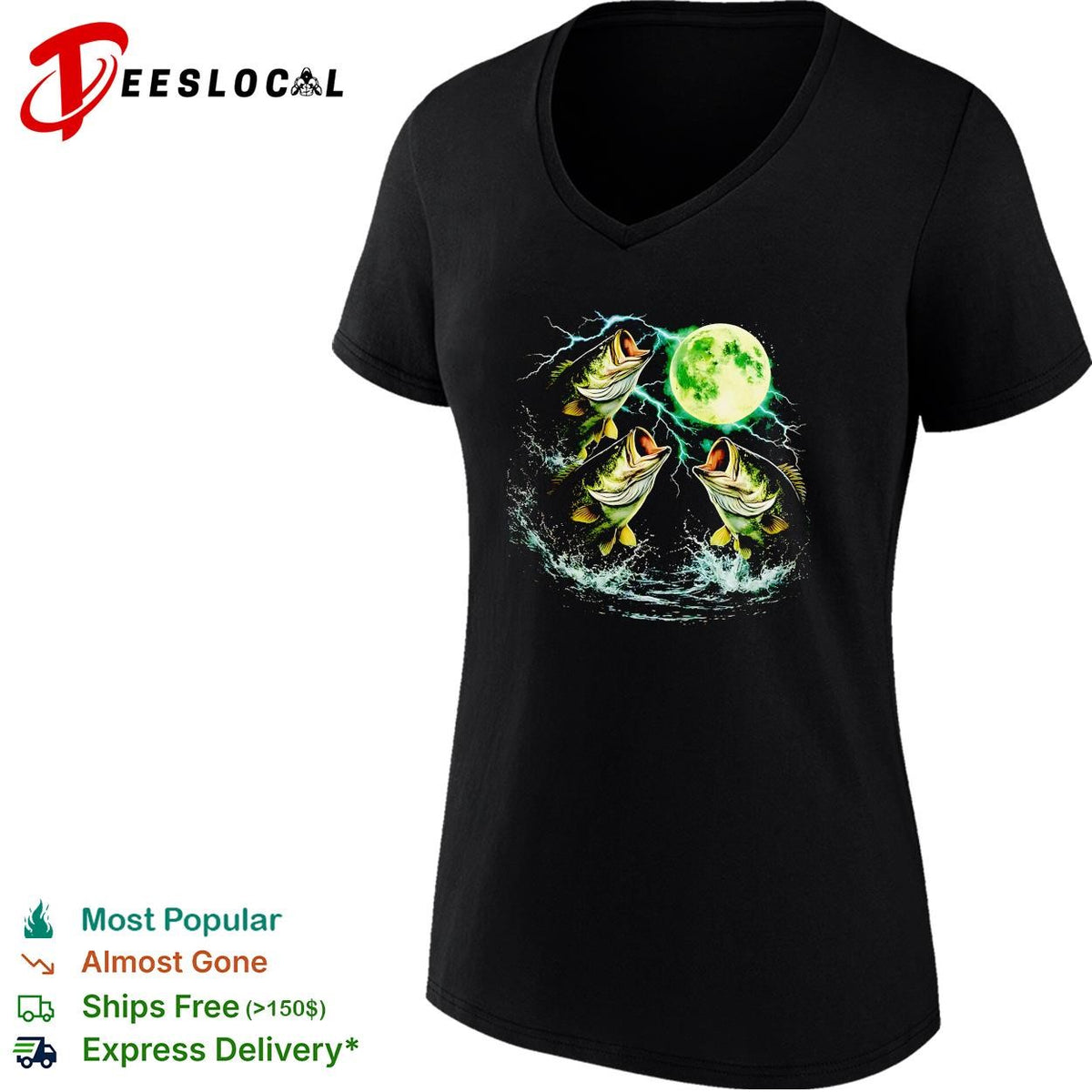 Bass jumping moonlit night full moon wildlife nature graphic shirt