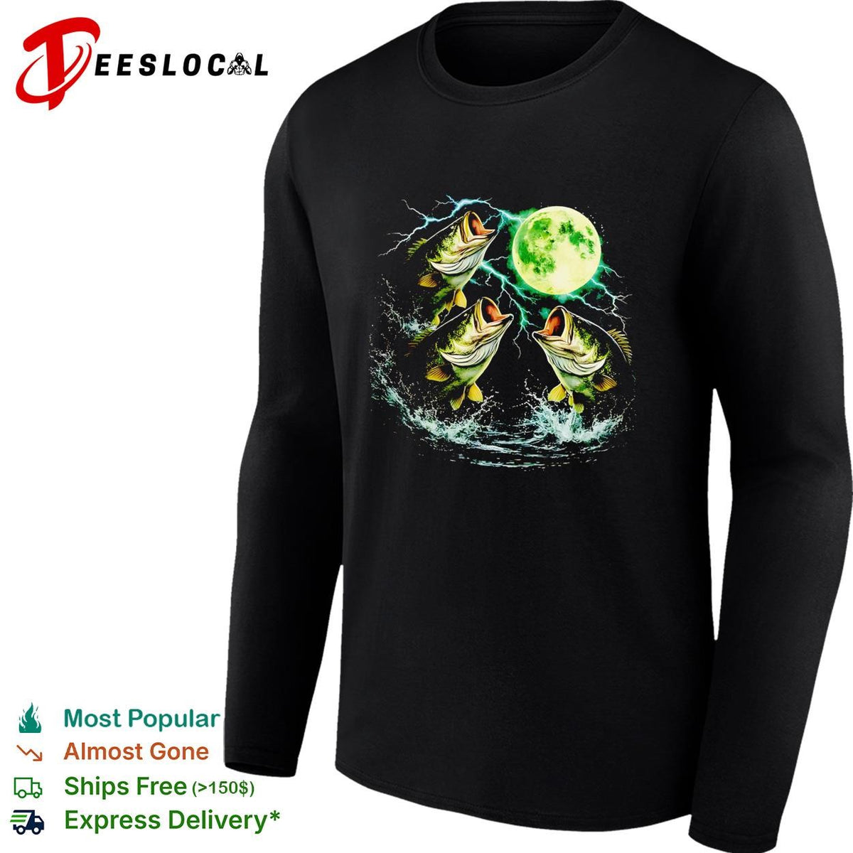 Bass jumping moonlit night full moon wildlife nature graphic shirt