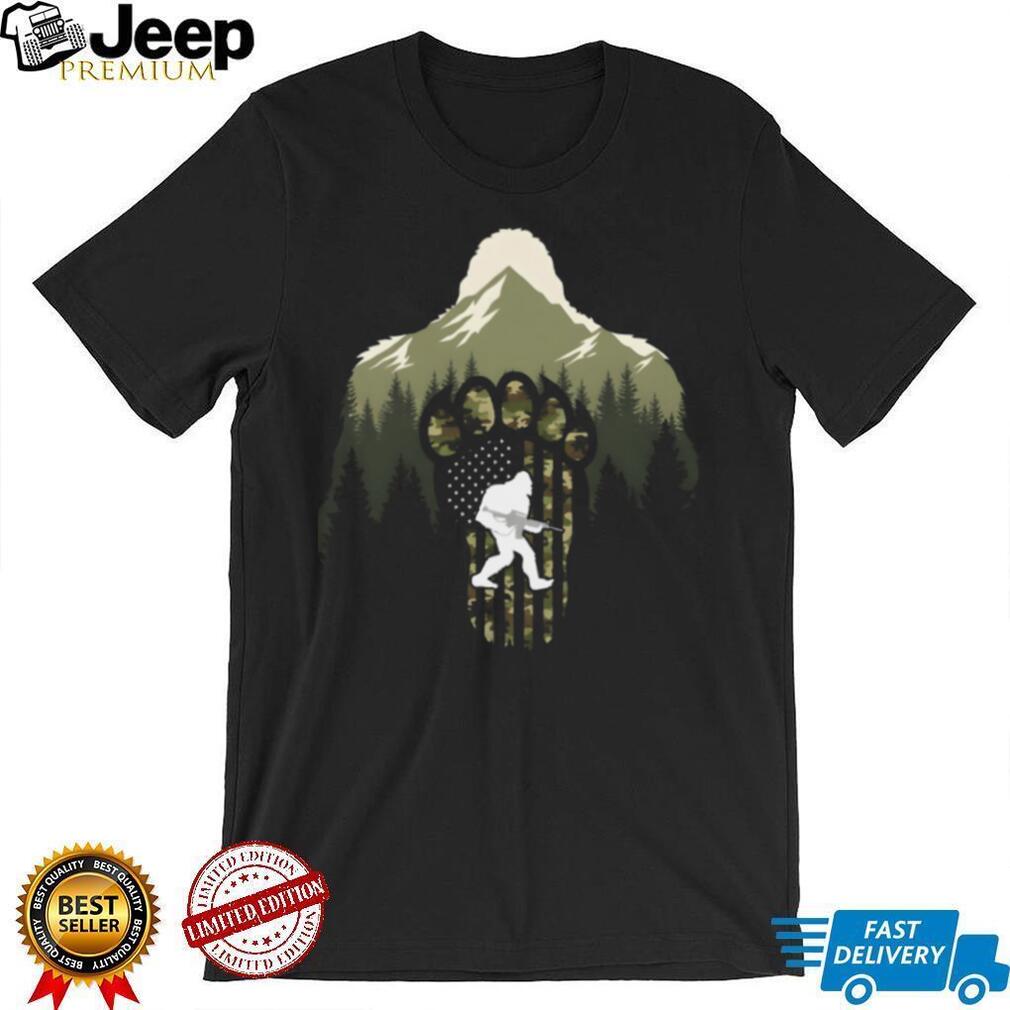 Bigfoot Hunting Camo American Flag Paw Print Mountain T Shirt