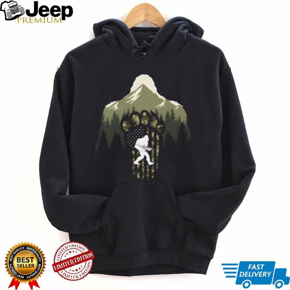 Bigfoot Hunting Camo American Flag Paw Print Mountain T Shirt