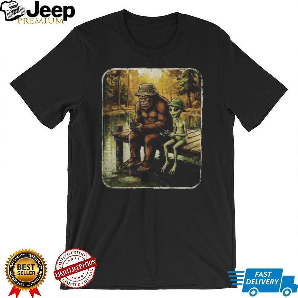 Bigfoot and Alien Friends Fishing at the Lake Vintage T Shirt