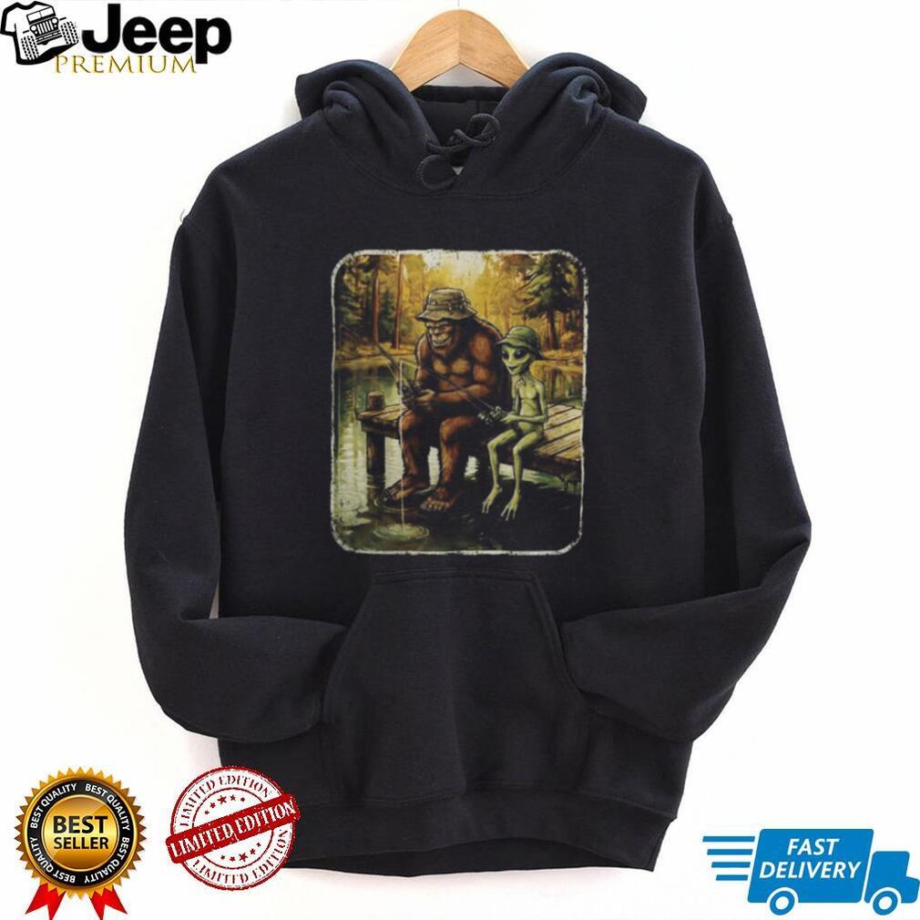 Bigfoot and Alien Friends Fishing at the Lake Vintage T Shirt