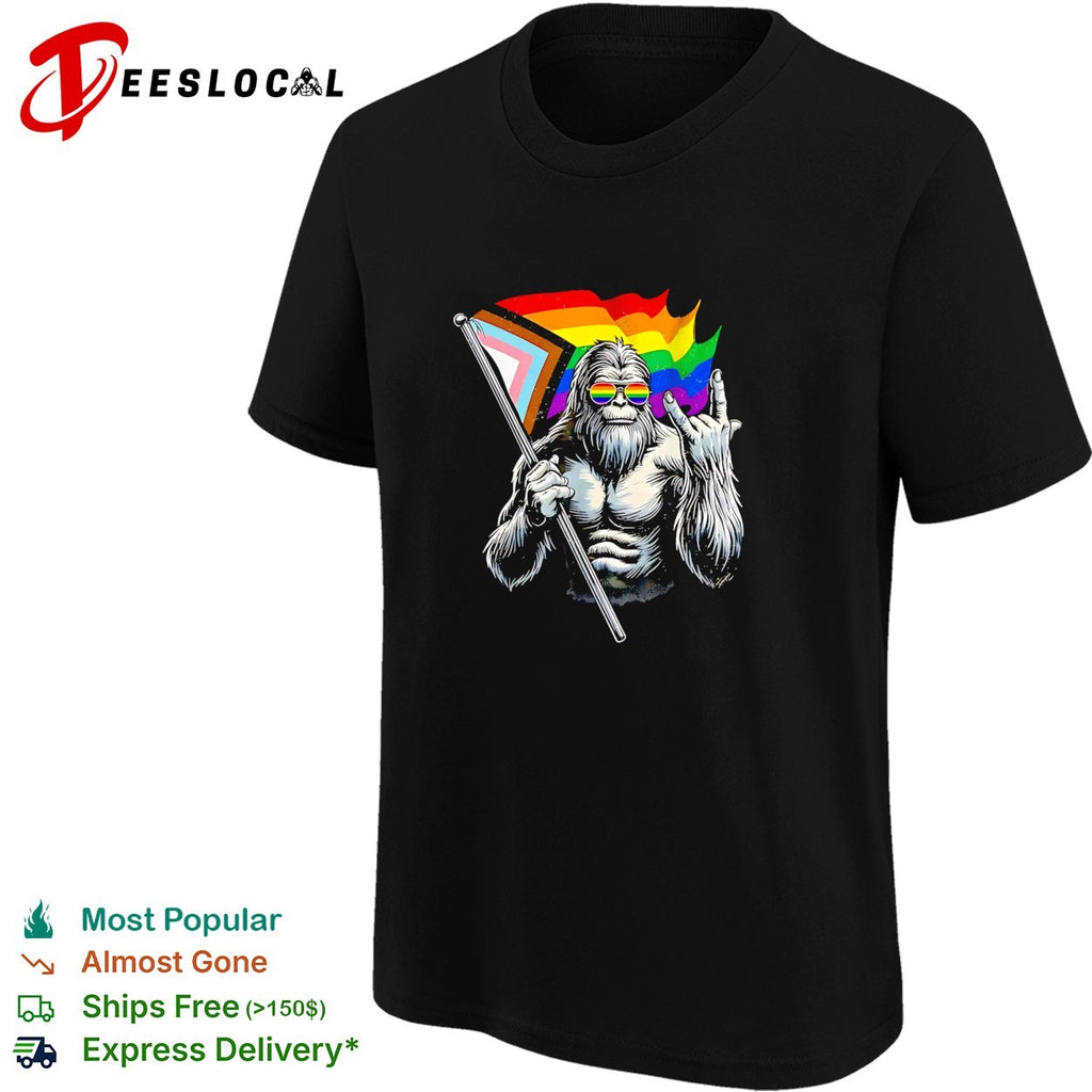 Bigfoot holding Progress Pride flag middle finger LGBTQ art shirt