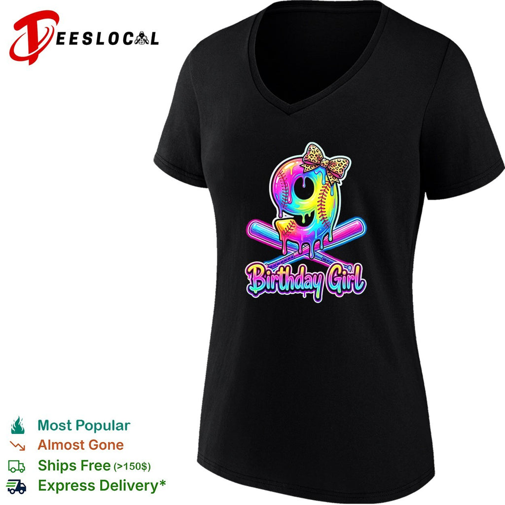 Birthday girl 9th birthday softball dripping neon leopard print bow celebration shirt