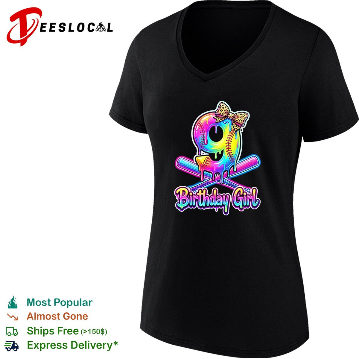 Birthday girl 9th birthday softball dripping neon leopard print bow celebration shirt