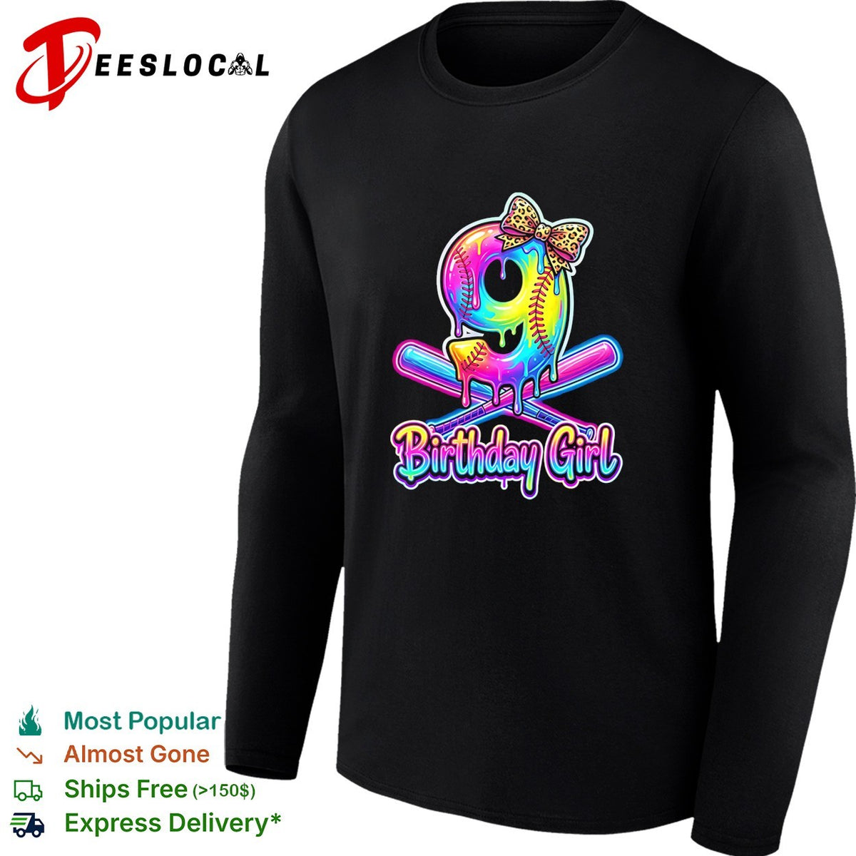 Birthday girl 9th birthday softball dripping neon leopard print bow celebration shirt