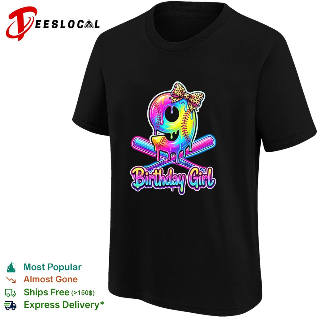 Birthday girl 9th birthday softball dripping neon leopard print bow celebration shirt
