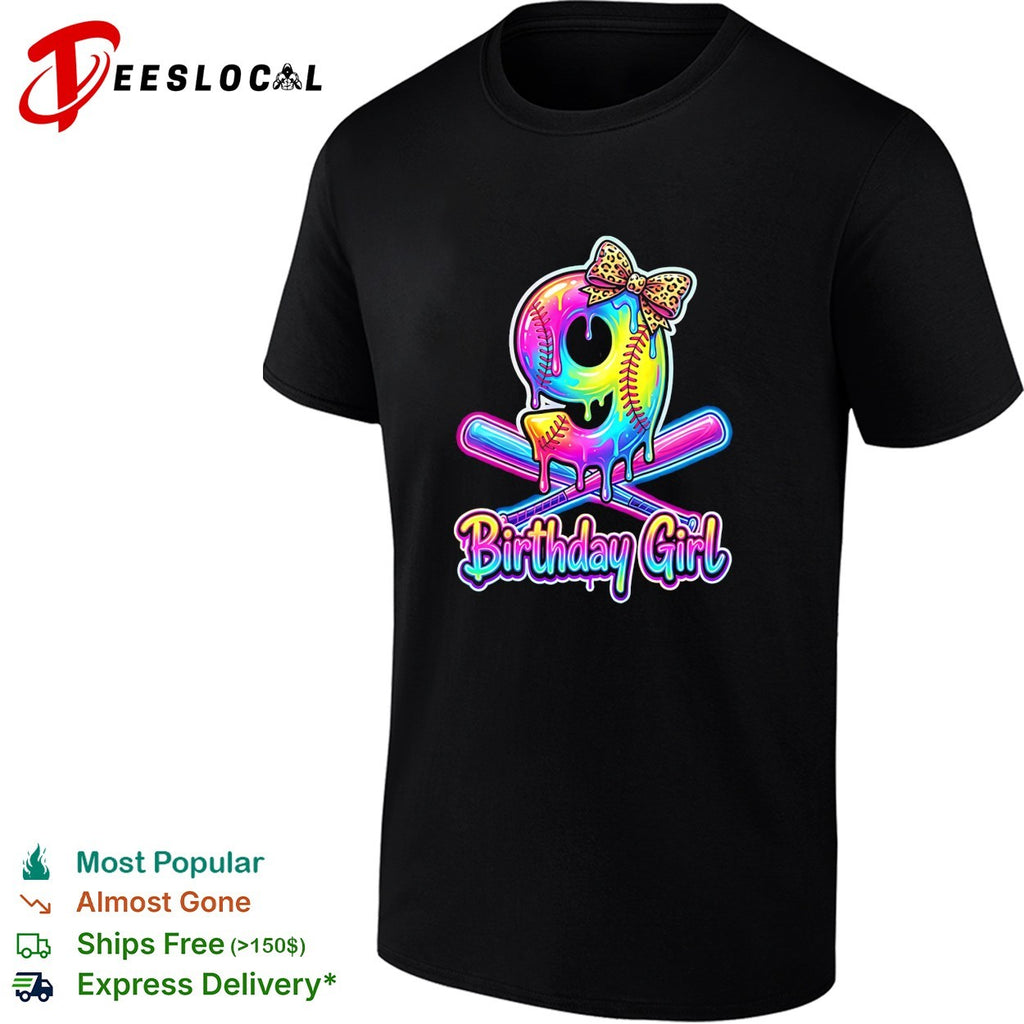 Birthday girl 9th birthday softball dripping neon leopard print bow celebration shirt