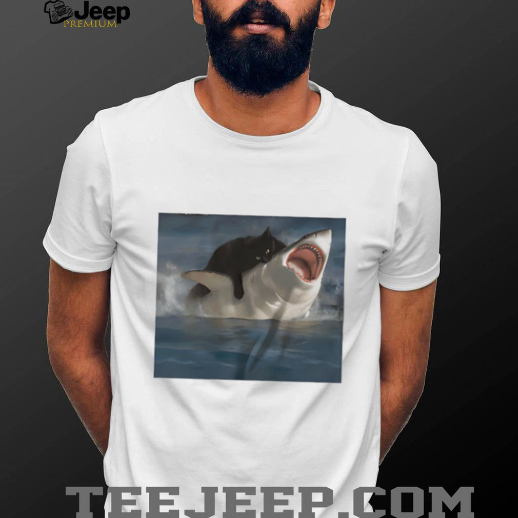 Black Cat Riding Great White Shark Funny Graphic T Shirt